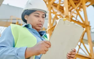 Female construction worker holding a clipboard completing health and safety checks