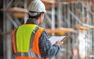 Individual completing health and safety checks on high-risk building